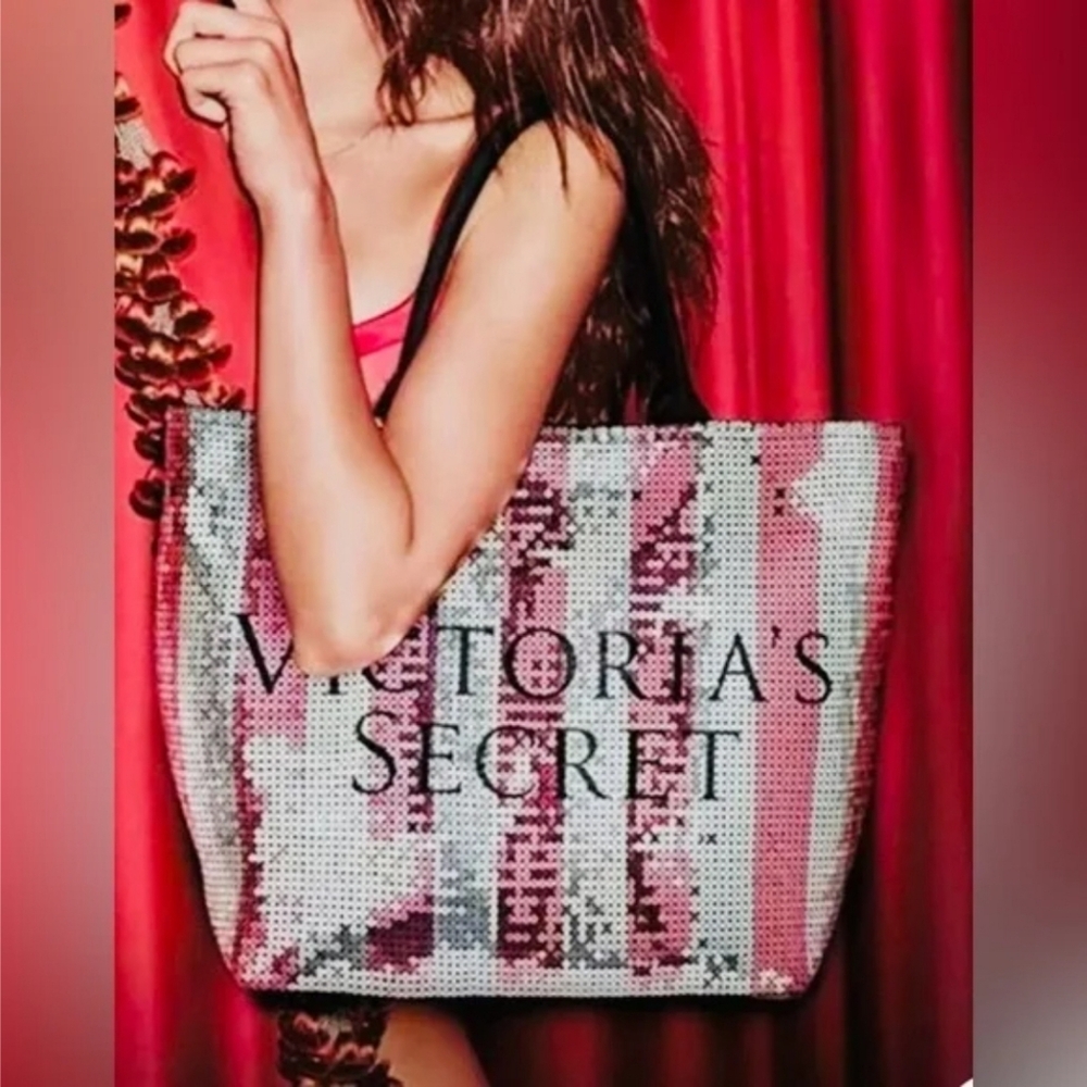 Victoria's Secret Sequin Stripes Black Canvas Weekender Tote Bag Limited Edition